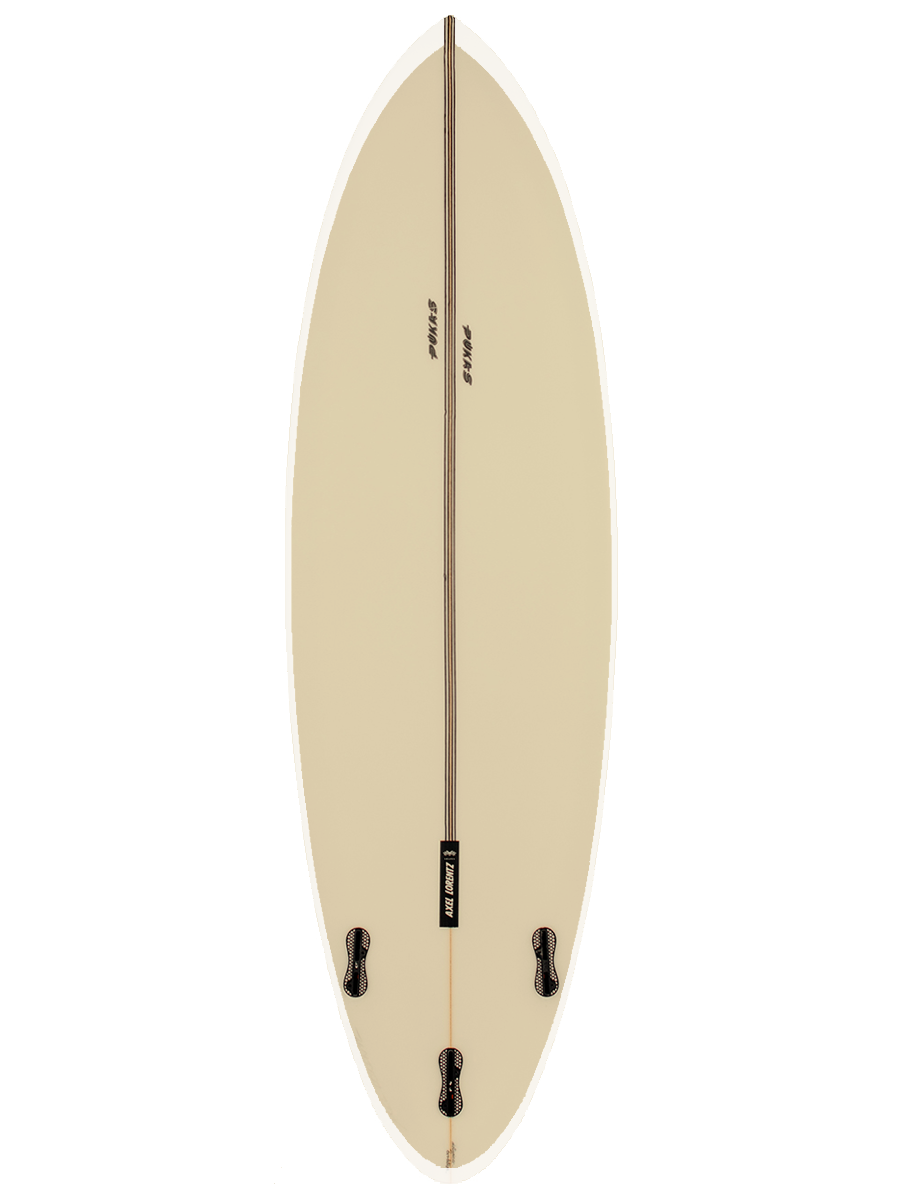 All around Shortboard shaped with sustainable Polyola Eco-Foam by Axel Lorenz (Pukas), Model: 69 Evolution, back view with white rail-spray
