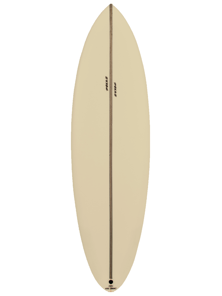 All around Shortboard shaped with sustainable Polyola Eco-Foam by Axel Lorenz (Pukas), Model: 69 Evolution, front view no rail-spray