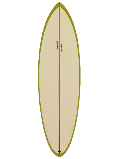 All around Shortboard shaped with sustainable Polyola Eco-Foam by Axel Lorenz (Pukas), Model: 69 Evolution, front view with olive rail-spray