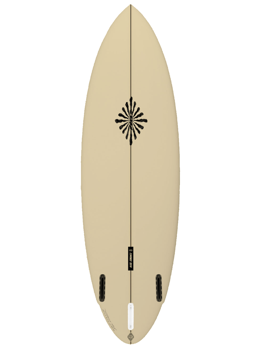 Performance Twin-Fin shaped with sustainable Polyola Eco-Foam by Axel Lorenz (Pukas), Model: Acid Plan , back view no rail-spray