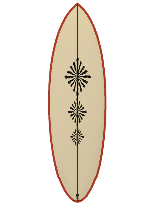Performance Twin-Fin shaped with sustainable Polyola Eco-Foam by Axel Lorenz (Pukas), Model: Acid Plan , front view with bordeaux red rail-spray