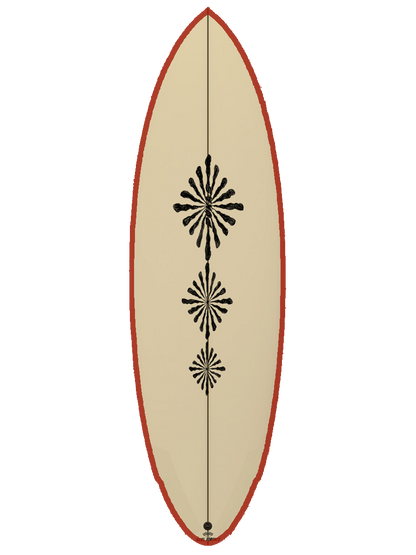 Performance Twin-Fin shaped with sustainable Polyola Eco-Foam by Axel Lorenz (Pukas), Model: Acid Plan , front view with bordeaux red rail-spray