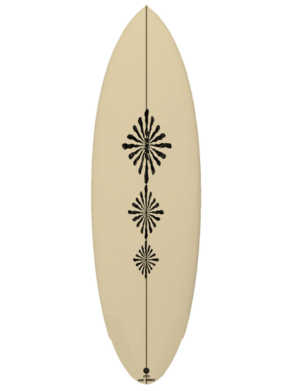 Performance Twin-Fin shaped with sustainable Polyola Eco-Foam by Axel Lorenz (Pukas), Model: Acid Plan , front view with no rail-spray