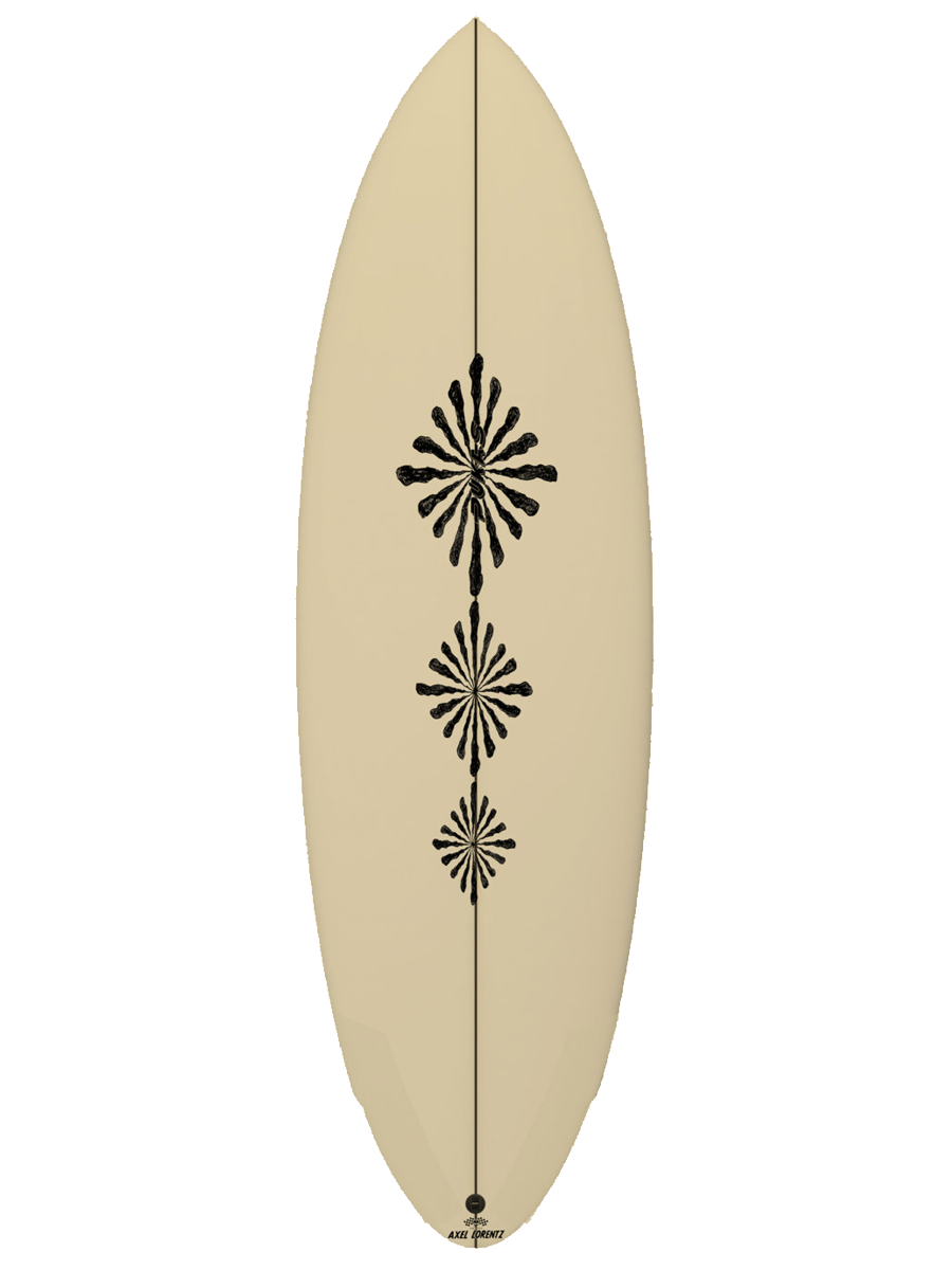 Performance Twin-Fin shaped with sustainable Polyola Eco-Foam by Axel Lorenz (Pukas), Model: Acid Plan , front view with no rail-spray