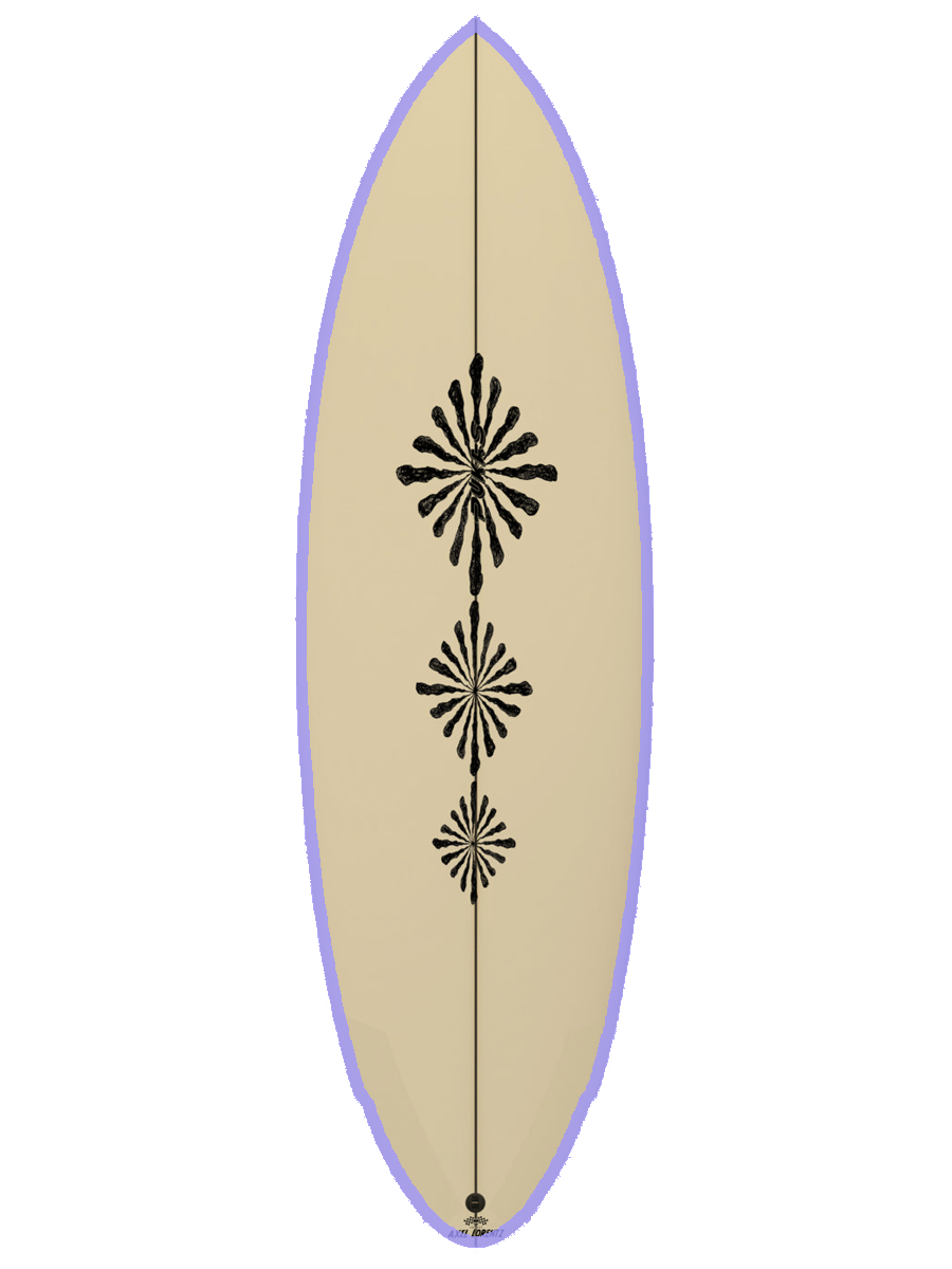 Performance Twin-Fin shaped with sustainable Polyola Eco-Foam by Axel Lorenz (Pukas), Model: Acid Plan , front view with lila rail-spray
