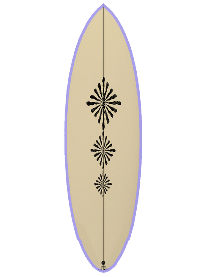 Performance Twin-Fin shaped with sustainable Polyola Eco-Foam by Axel Lorenz (Pukas), Model: Acid Plan , front view with lila rail-spray