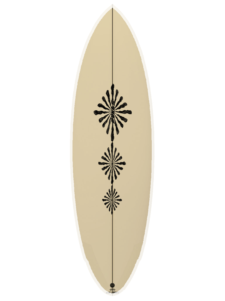 Performance Twin-Fin shaped with sustainable Polyola Eco-Foam by Axel Lorenz (Pukas), Model: Acid Plan , front view with white rail-spray