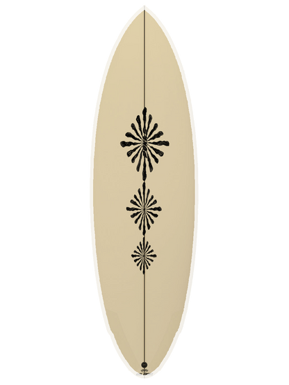 Performance Twin-Fin shaped with sustainable Polyola Eco-Foam by Axel Lorenz (Pukas), Model: Acid Plan , front view with white rail-spray