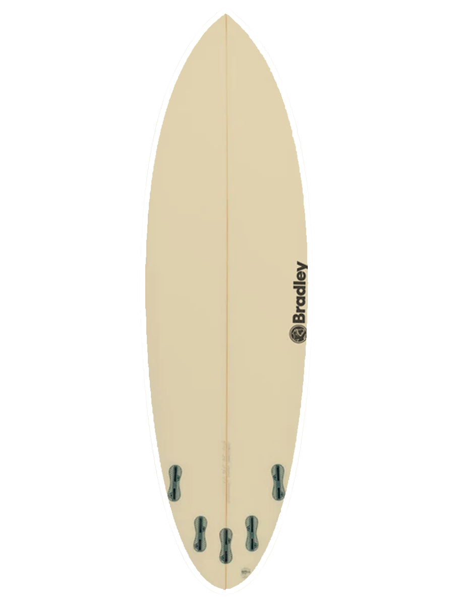 Surfboard shapd with Polyola Eco-Foam from Bradley, Model Chocolatine, back view with white rail-spray
