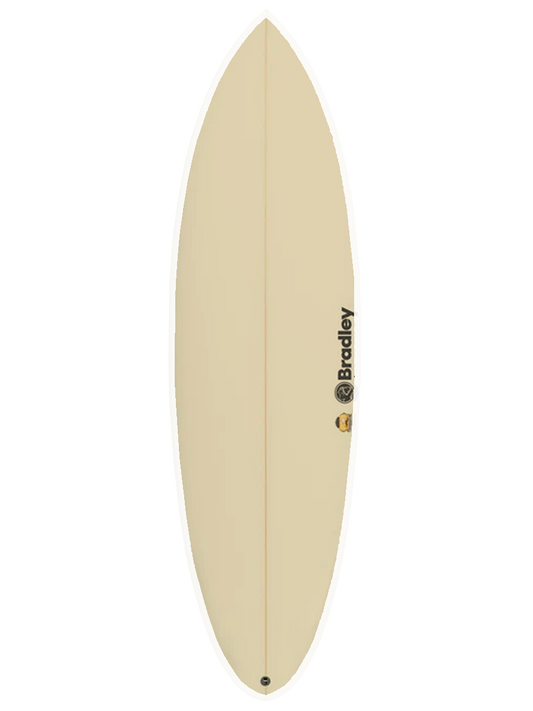 Surfboard shapd with Polyola Eco-Foam from Bradley, Model Chocolatine, front view with white rail-spray