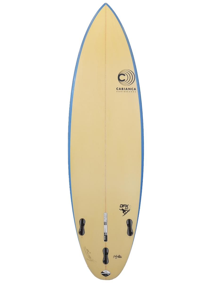 Shortboard shaped with Polyola Eco-Foam by Cabianca, Model DFK, back view with blue rail-spray