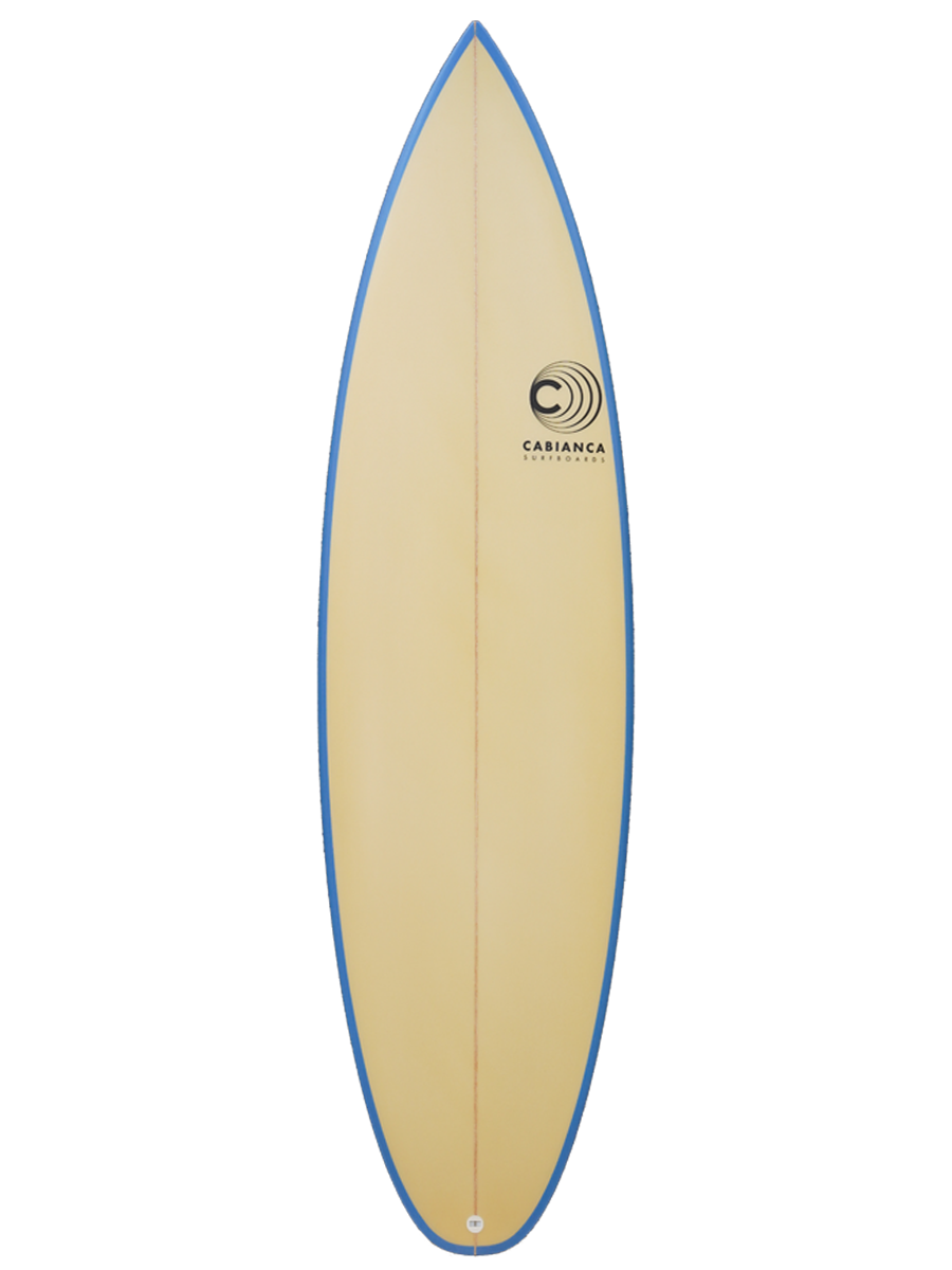 Shortboard shaped with Polyola Eco-Foam by Cabianca, Model DFK, front view with blue rail-spray
