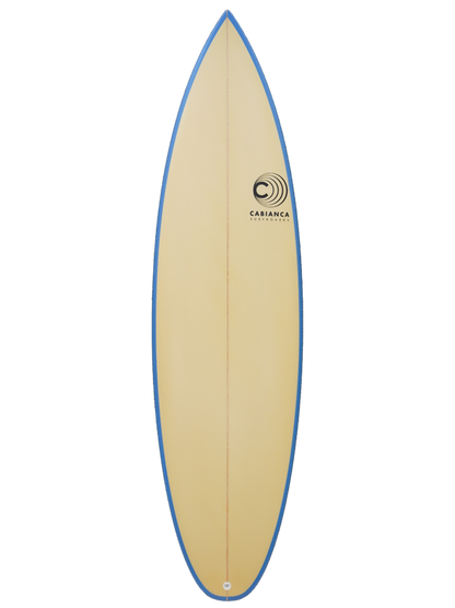 Shortboard shaped with Polyola Eco-Foam by Cabianca, Model DFK, front view with blue rail-spray