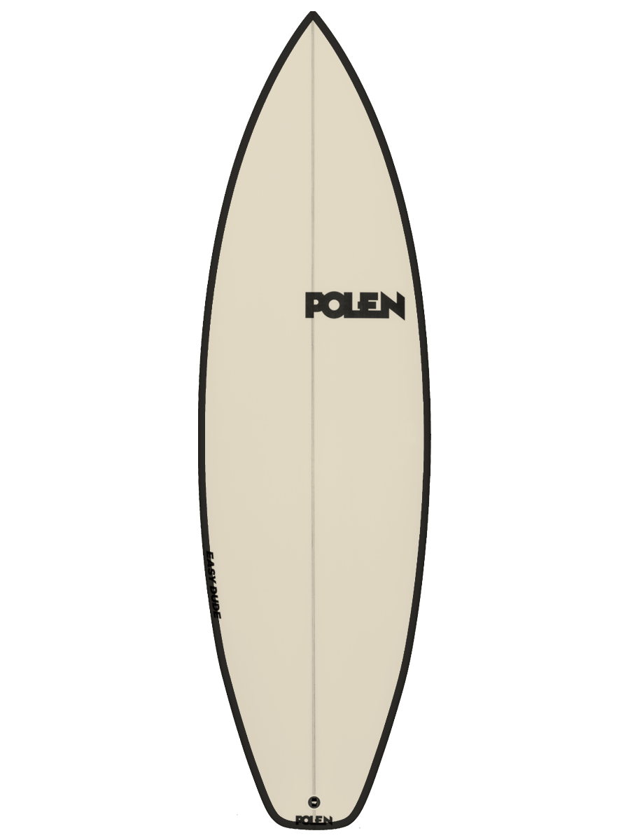 All around Shortboard shaped with sustainable Polyola Eco-Foam by Polen, Model: Easy Dude, front view with black rail-spray