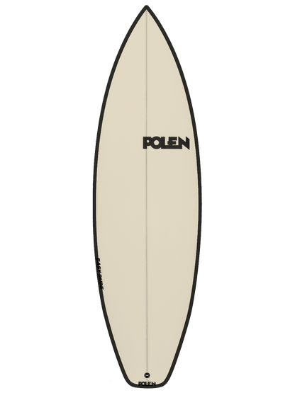 All around Shortboard shaped with sustainable Polyola Eco-Foam by Polen, Model: Easy Dude, front view with black rail-spray