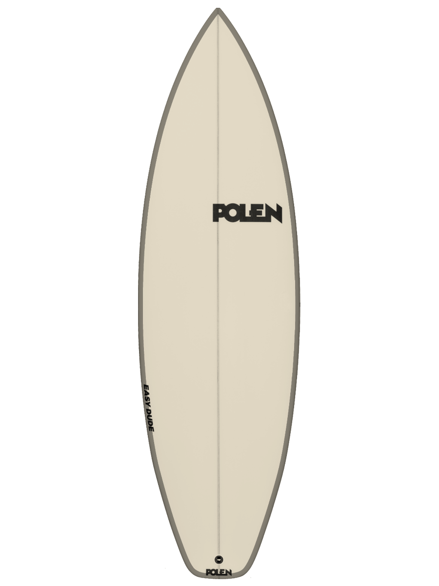 All around Shortboard shaped with sustainable Polyola Eco-Foam by Polen, Model: Easy Dude, front view with grey rail-spray