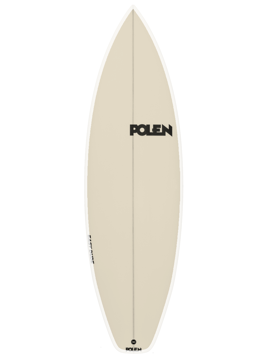 All around Shortboard shaped with sustainable Polyola Eco-Foam by Polen, Model: Easy Dude, front view with white rail-spray