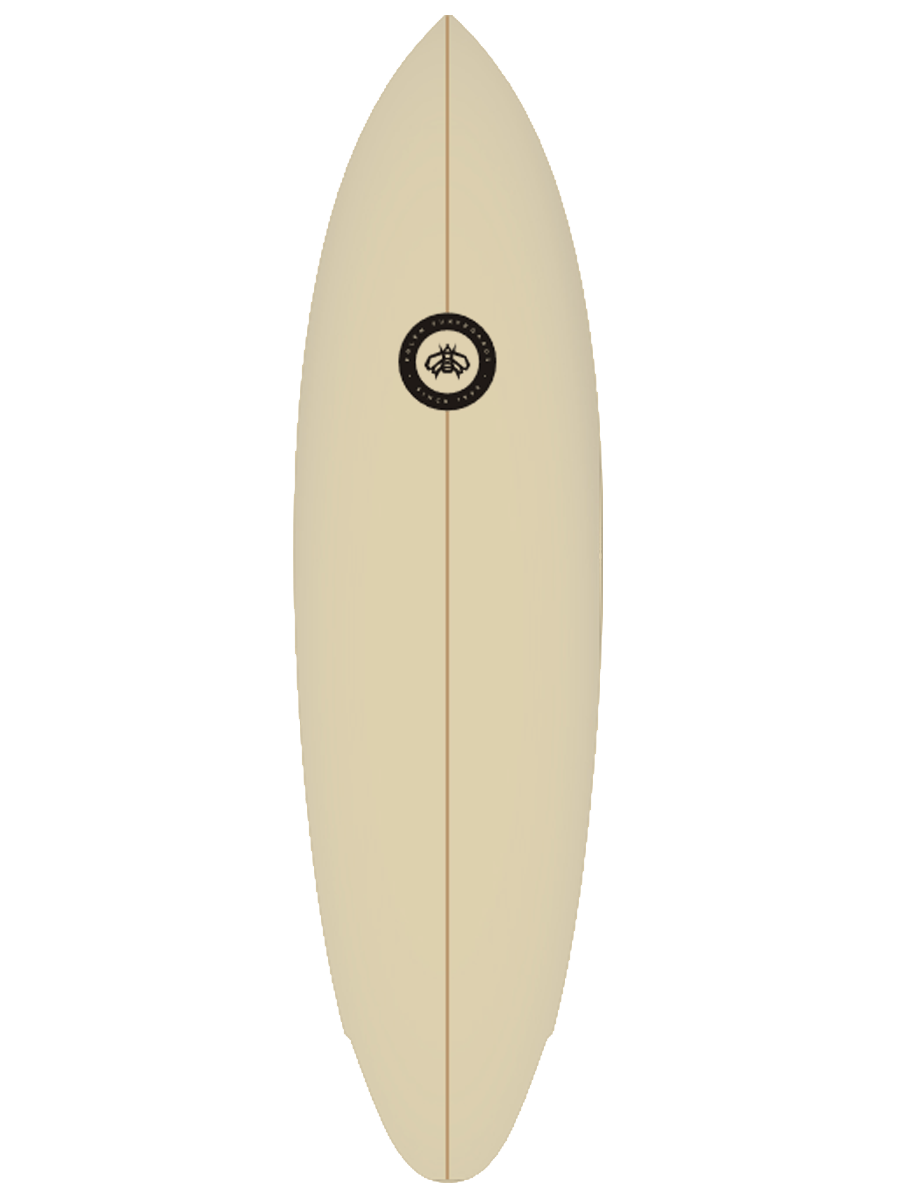 Mid-lenght Surfboard shaped with sustainable Polyola Eco-Foam by Polen, Model: Fast Slice, front view no rail-spray