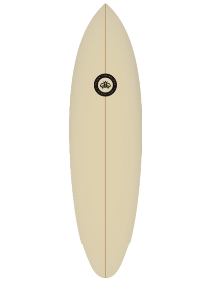 Mid-lenght Surfboard shaped with sustainable Polyola Eco-Foam by Polen, Model: Fast Slice, front view no rail-spray