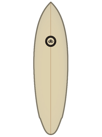 Mid-lenght Surfboard shaped with sustainable Polyola Eco-Foam by Polen, Model: Fast Slice, front view with grey rail-spray