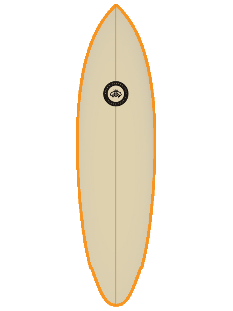 Mid-lenght Surfboard shaped with sustainable Polyola Eco-Foam by Polen, Model: Fast Slice, front view with orange rail-spray