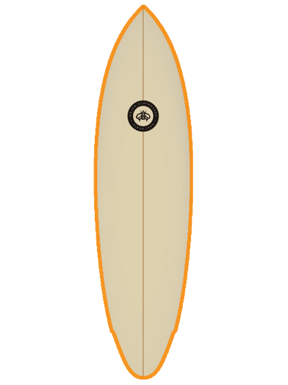 Mid-lenght Surfboard shaped with sustainable Polyola Eco-Foam by Polen, Model: Fast Slice, front view with orange rail-spray