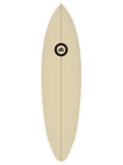 Mid-lenght Surfboard shaped with sustainable Polyola Eco-Foam by Polen, Model: Fast Slice, front view with white rail-spray