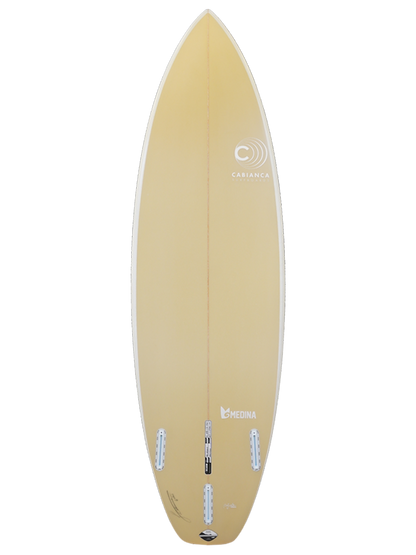 Daily High Performance Surfboard shaped with Polyola Eco-Foam by Cabianca, Model: The Medina, back view with withe rail-spray