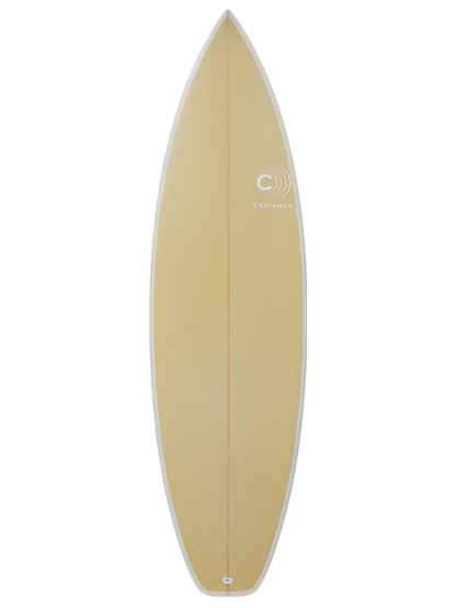 Daily High Performance Surfboard shaped with Polyola Eco-Foam by Cabianca, Model: The Medina, front view with withe rail-spray