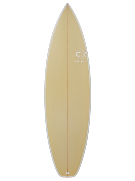 Daily High Performance Surfboard shaped with Polyola Eco-Foam by Cabianca, Model: The Medina, front view with withe rail-spray