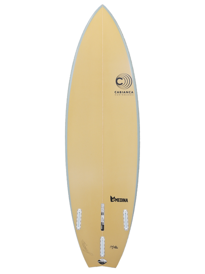 Daily High Performance Surfboard shaped with Polyola Eco-Foam by Cabianca, Model: The Medina, back view with grey rail-spray