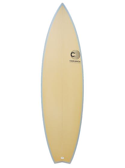 Daily High Performance Surfboard shaped with Polyola Eco-Foam by Cabianca, Model: The Medina, front view with grey rail-spray