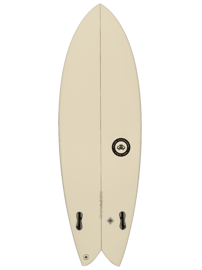 modern twin fin Surfboard shaped with sustainable Polyola Eco-Foam by Polen, Model: Sail Fish, back view no rail-spray