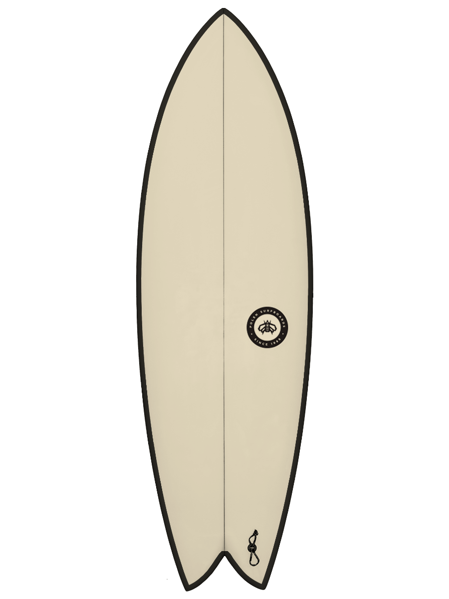 modern twin fin Surfboard shaped with sustainable Polyola Eco-Foam by Polen, Model: Sail Fish, front view with black rail-spray