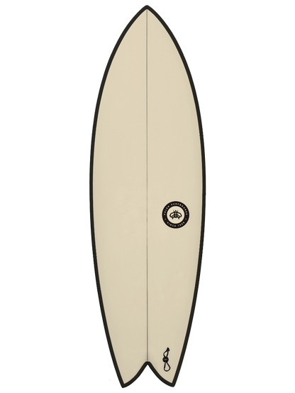 modern twin fin Surfboard shaped with sustainable Polyola Eco-Foam by Polen, Model: Sail Fish, front view with black rail-spray