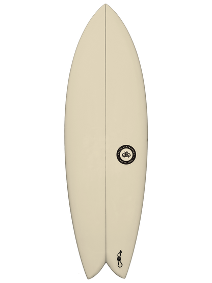modern twin fin Surfboard shaped with sustainable Polyola Eco-Foam by Polen, Model: Sail Fish, front view no rail-spray