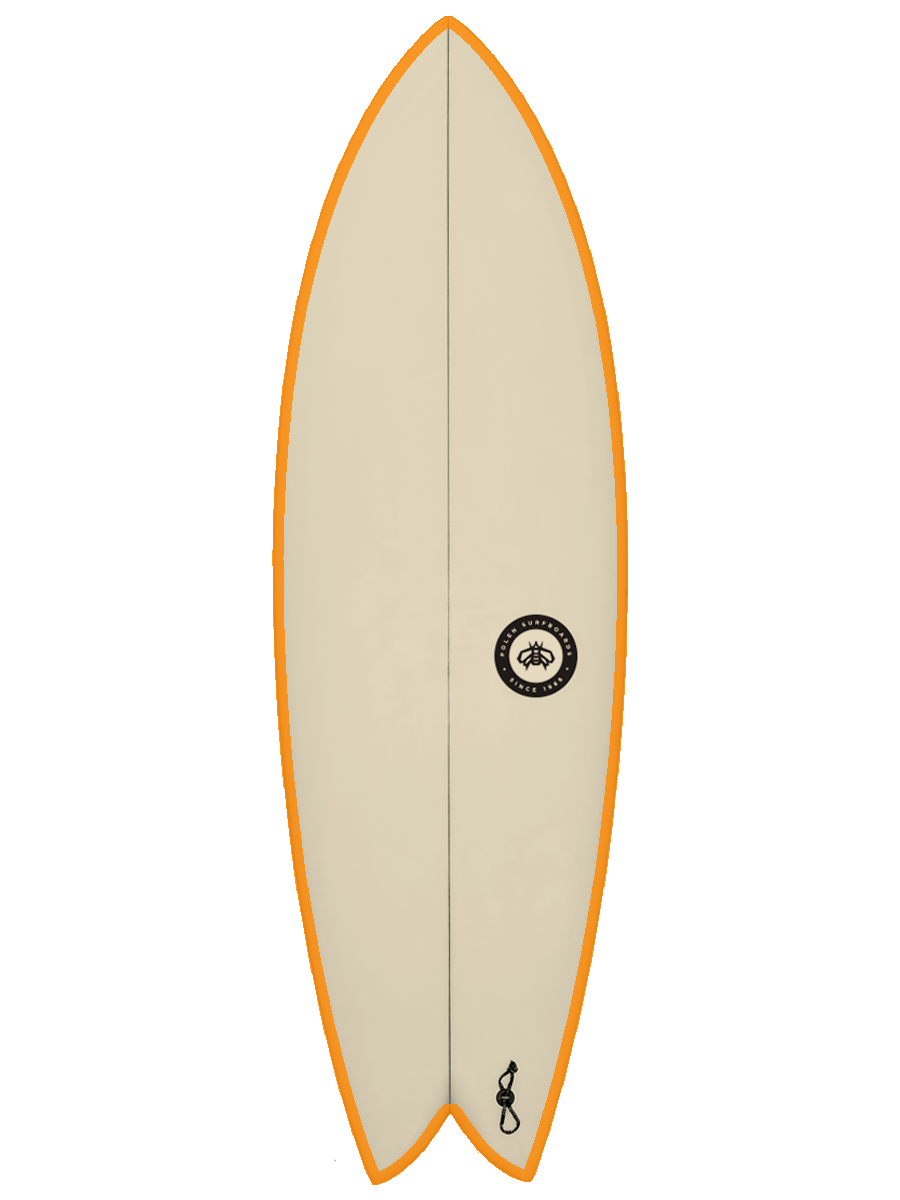 modern twin fin Surfboard shaped with sustainable Polyola Eco-Foam by Polen, Model: Sail Fish, front view with orange rail-spray
