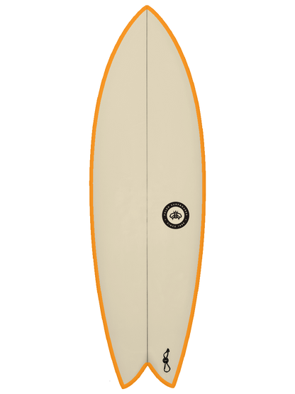 modern twin fin Surfboard shaped with sustainable Polyola Eco-Foam by Polen, Model: Sail Fish, front view with orange rail-spray