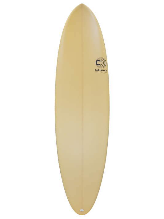 Mid-lenght Surfboard shaped with Polyola Eco-Foam by Cabianca, Model: Sherpa, front view