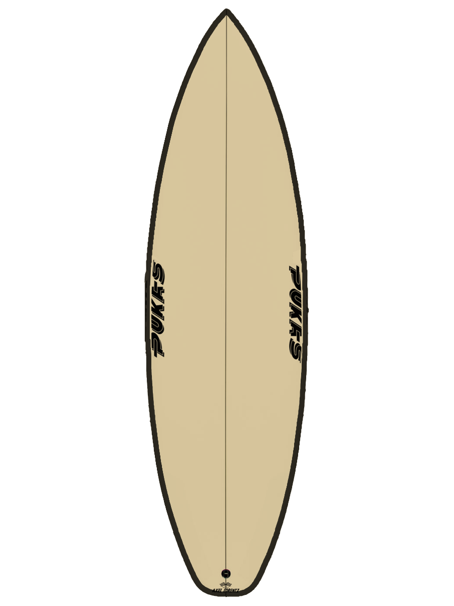 All around Performance Shortboard shaped with sustainable Polyola Eco-Foam by Pukas, Model: Tasty Treat All Around, front view with black rail-spray