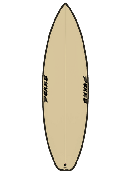 All around Performance Shortboard shaped with sustainable Polyola Eco-Foam by Pukas, Model: Tasty Treat All Around, front view with black rail-spray