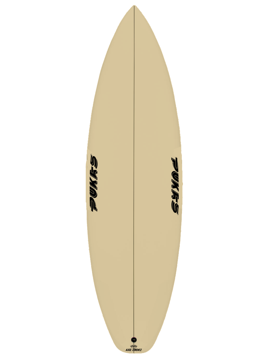 All around Performance Shortboard shaped with sustainable Polyola Eco-Foam by Pukas, Model: Tasty Treat All Around, front view no rail-spray