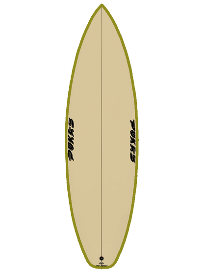 All around Performance Shortboard shaped with sustainable Polyola Eco-Foam by Pukas, Model: Tasty Treat All Around, front view with olive rail-spray