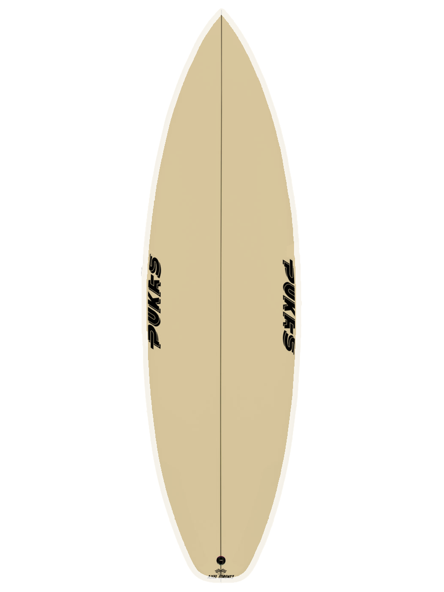 All around Performance Shortboard shaped with sustainable Polyola Eco-Foam by Pukas, Model: Tasty Treat All Around, front view with white rail-spray