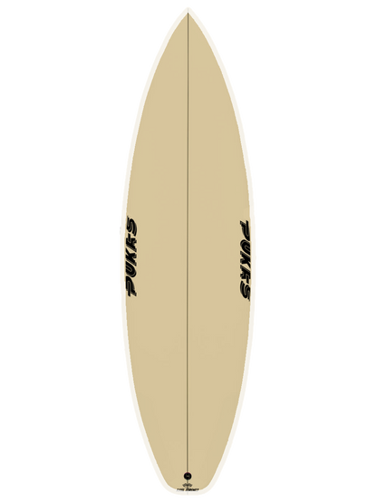 All around Performance Shortboard shaped with sustainable Polyola Eco-Foam by Pukas, Model: Tasty Treat All Around, front view with white rail-spray