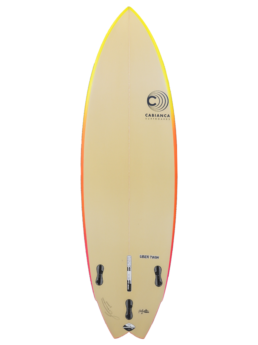 High Performance Twin Surfboard shaped with sustainable Polyola Eco-Foam by Cabianca, Model: Uber Twin, back view with pinkt to yellow gradient on top