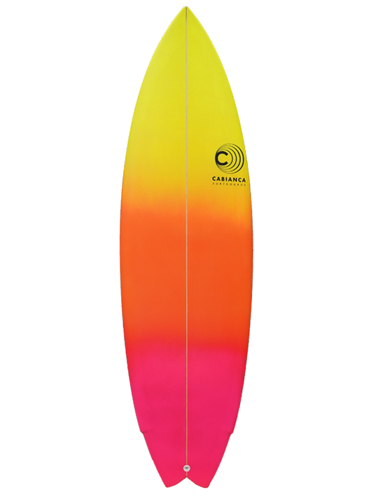 High Performance Twin Surfboard shaped with sustainable Polyola Eco-Foam by Cabianca, Model: Uber Twin, front view with pinkt to yellow gradient on top