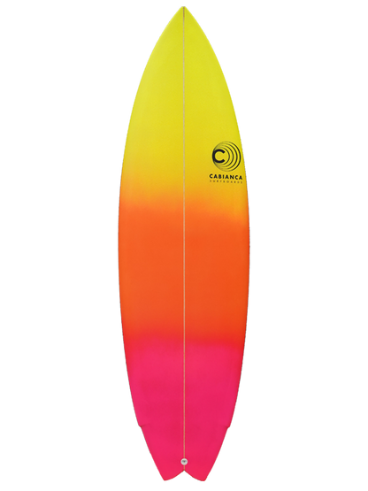 High Performance Twin Surfboard shaped with sustainable Polyola Eco-Foam by Cabianca, Model: Uber Twin, front view with pinkt to yellow gradient on top
